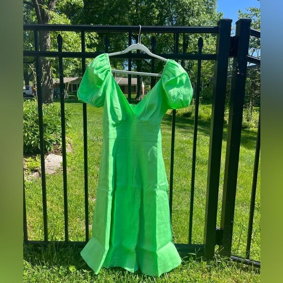 J Crew Puff Sleeve V-Neck Midi Stretch Linen Dress NWT - Picture 3 of 11